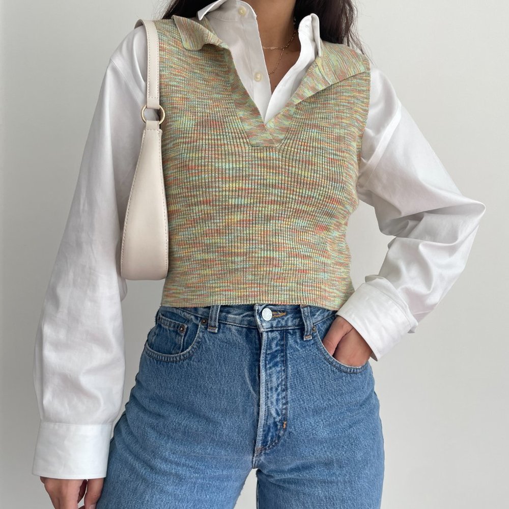 NWT Hazel Moon multi colored Knit Polo Collared Cropped top - Picture 5 of 9
